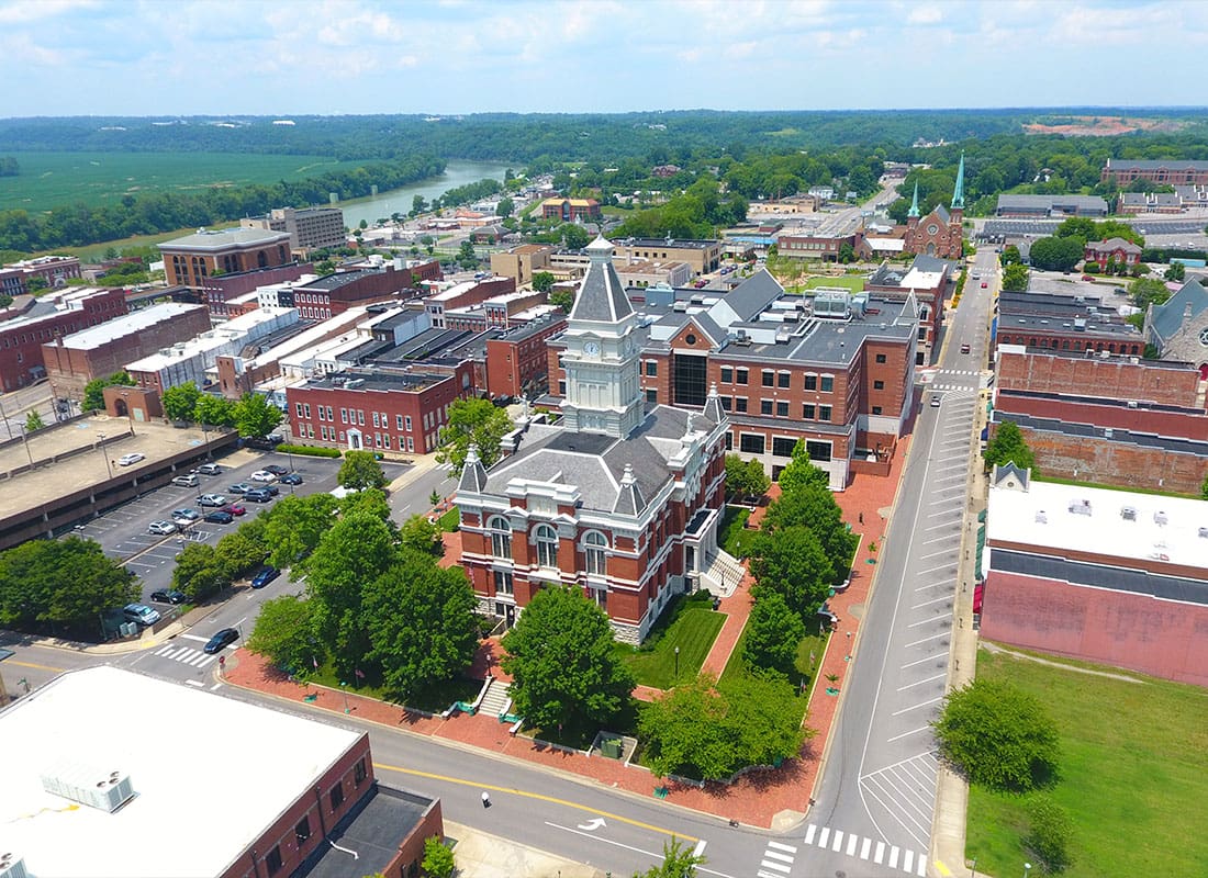 Clarksville, TN - Aerial View of Government Building With a Large River in the Background