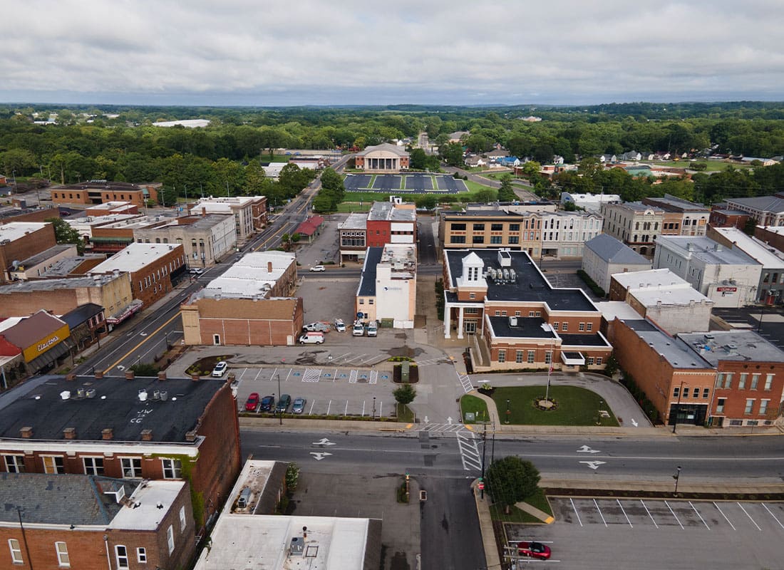 Hopkinsville, KY - Aerial View of Old Style Buildings and Trees in the Back